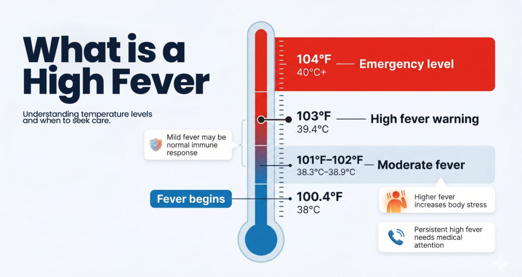 infographic explaining high fever temperature levels, displaying a thermometer with ranges from a 100.4°F starting point to a 104°F emergency level.