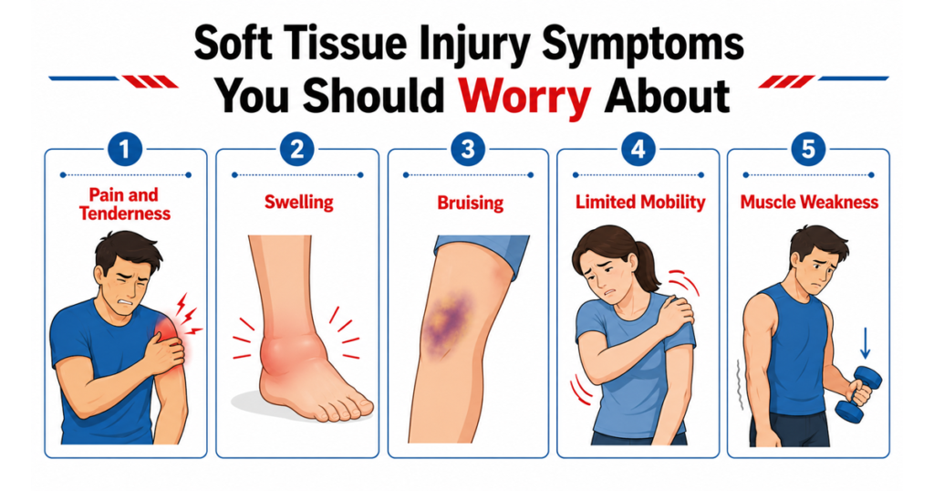 Infographic showing common soft tissue injury symptoms including pain, swelling, bruising, limited mobility, and muscle weakness.