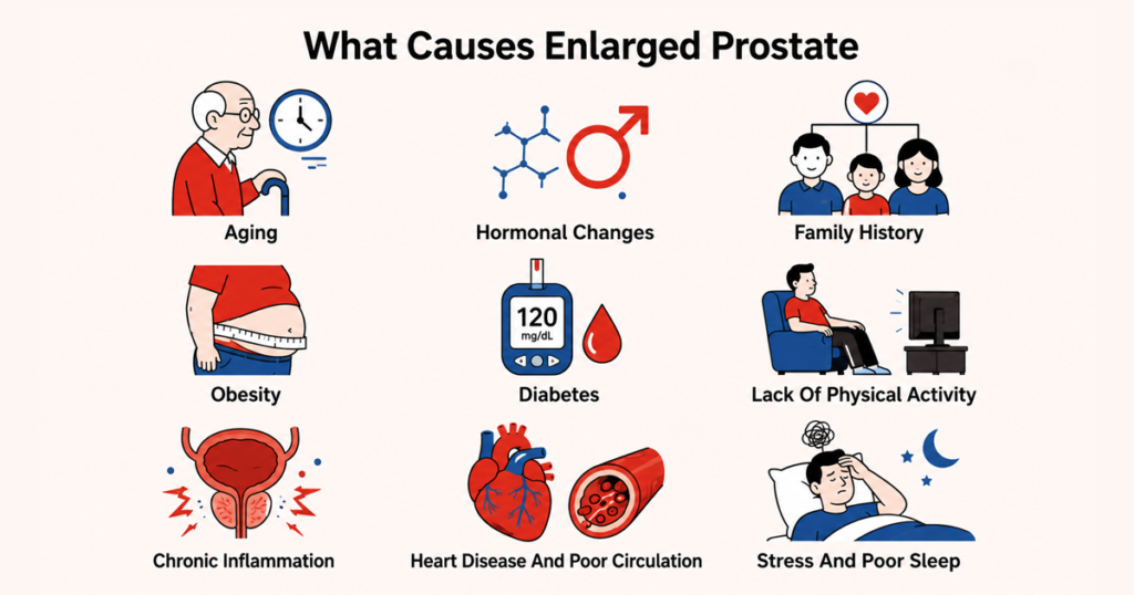 Infographic showing common causes of enlarged prostate.