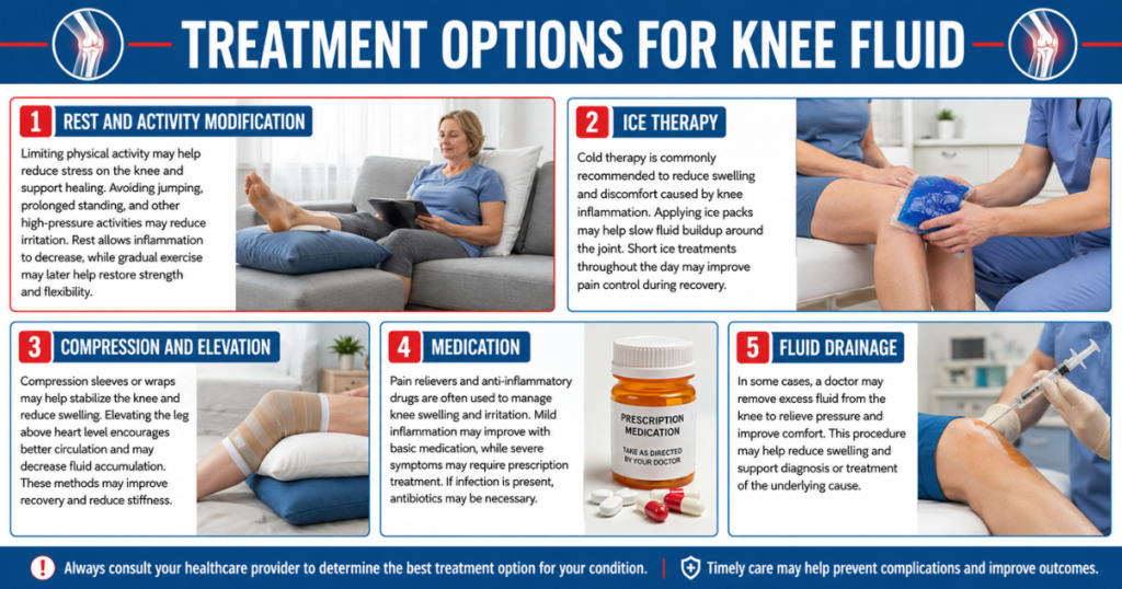 Knee fluid treatment options infographic.