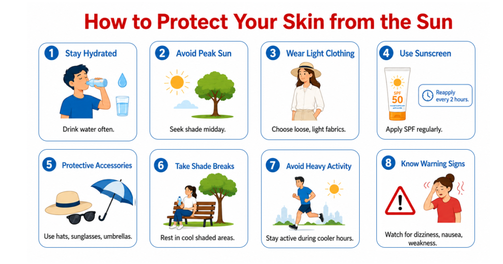 Skin protection infographic showing eight simple sun safety tips.