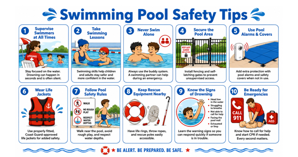 Exceptional: Cartoon-style swimming pool safety tips infographic for families.