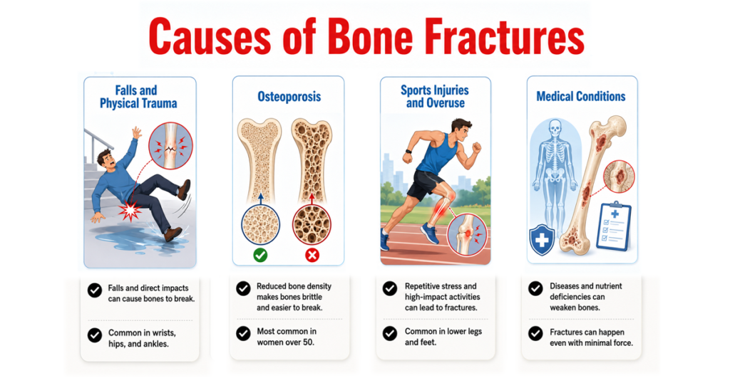 Infographic showing four causes of bone fractures: trauma, osteoporosis, sports injuries, and medical conditions.