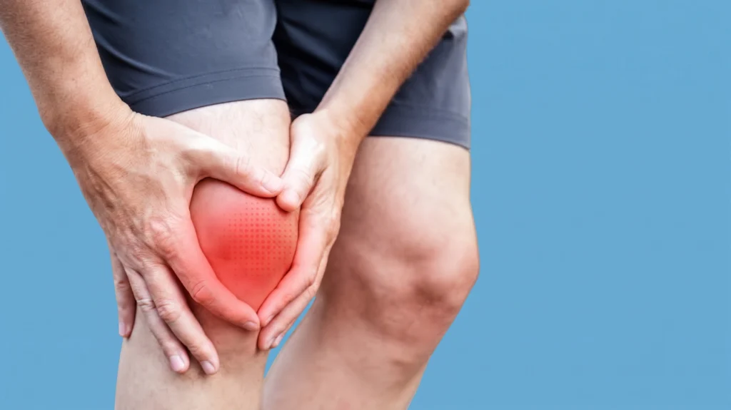 Person gripping their knee with a red glow indicating pain against a blue background.