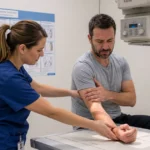 Healthcare professional examining a man’s injured arm beside an X-ray machine.