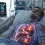 Sepsis patient receiving intensive care with highlighted internal organs.