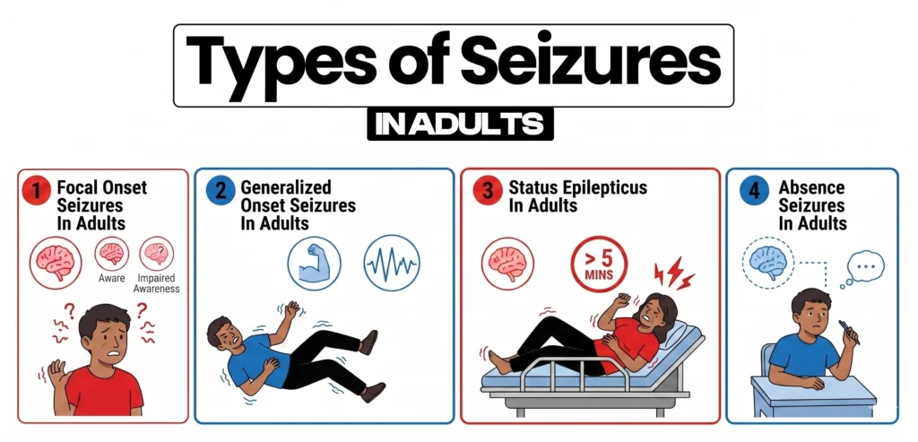 An educational infographic outlining four types of seizures commonly seen in adults.