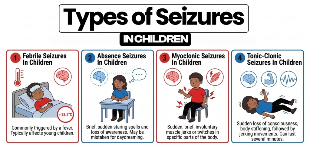 An infographic detailing four types of seizures that typically occur in children, including febrile and absence seizures.