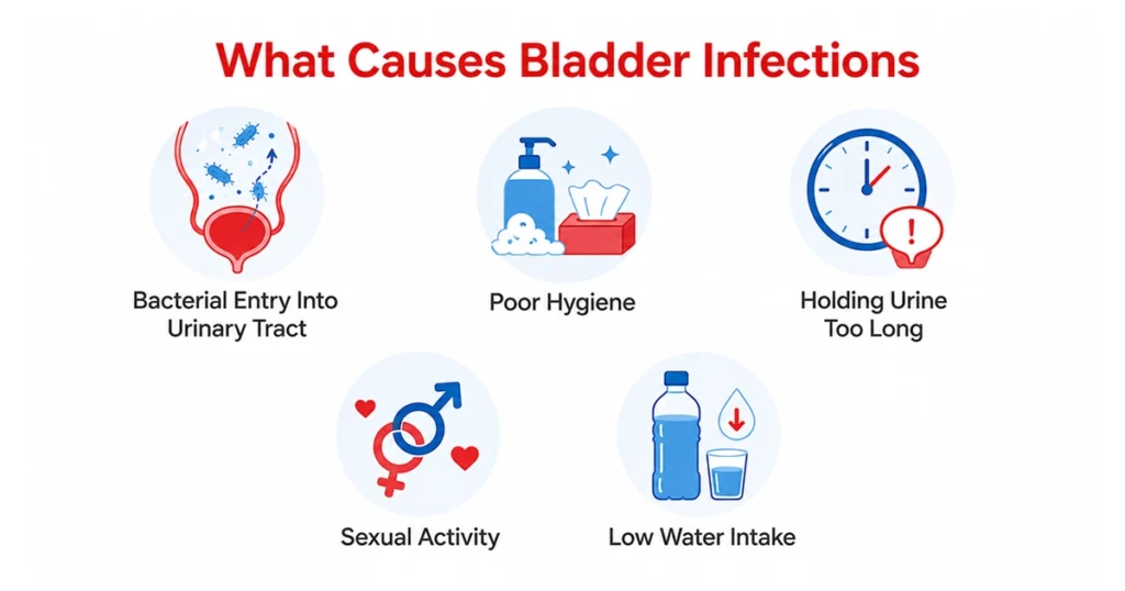 Infographic showing five common causes of bladder infections.