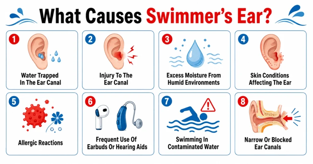 Infographic showing eight common causes of swimmer’s ear.