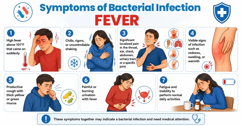 Infographic showing seven common symptoms of bacterial infection, including fever.