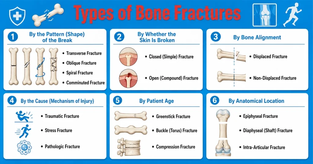 Infographic showing bone fracture types by pattern, skin damage, alignment, cause, age, and location.
