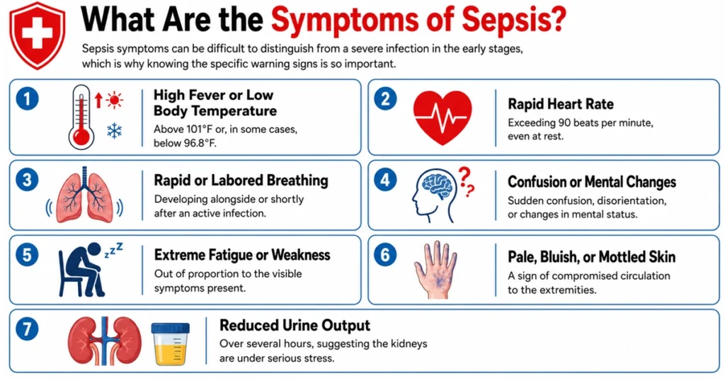 Infographic showing seven common symptoms of sepsis.