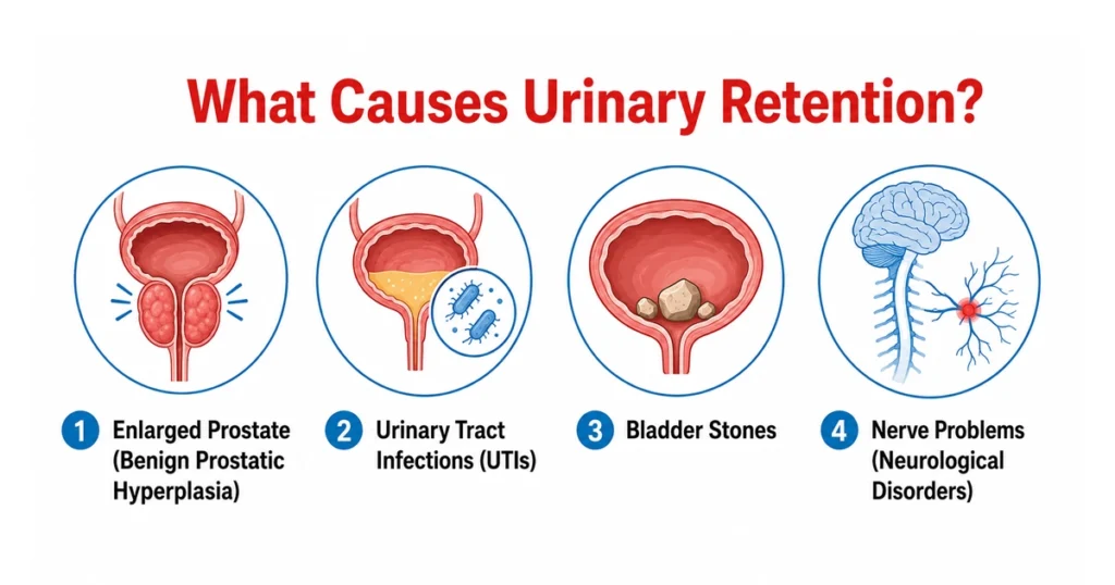 Infographic showing four major causes of urinary retention.