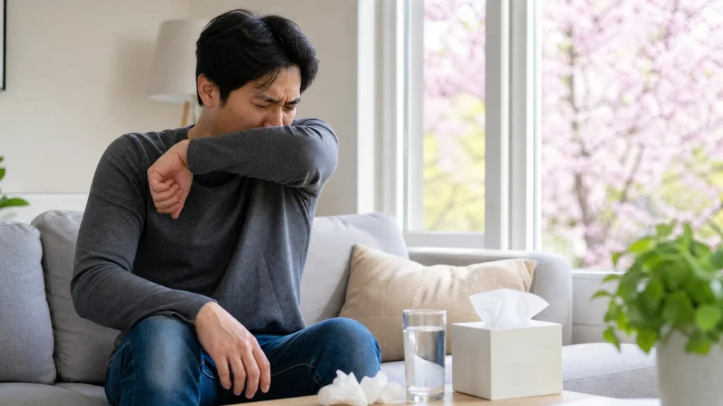 Adult coughing into their elbow while sitting on a sofa at home.