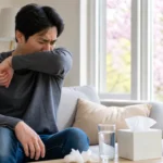 Adult coughing into their elbow while sitting on a sofa at home.
