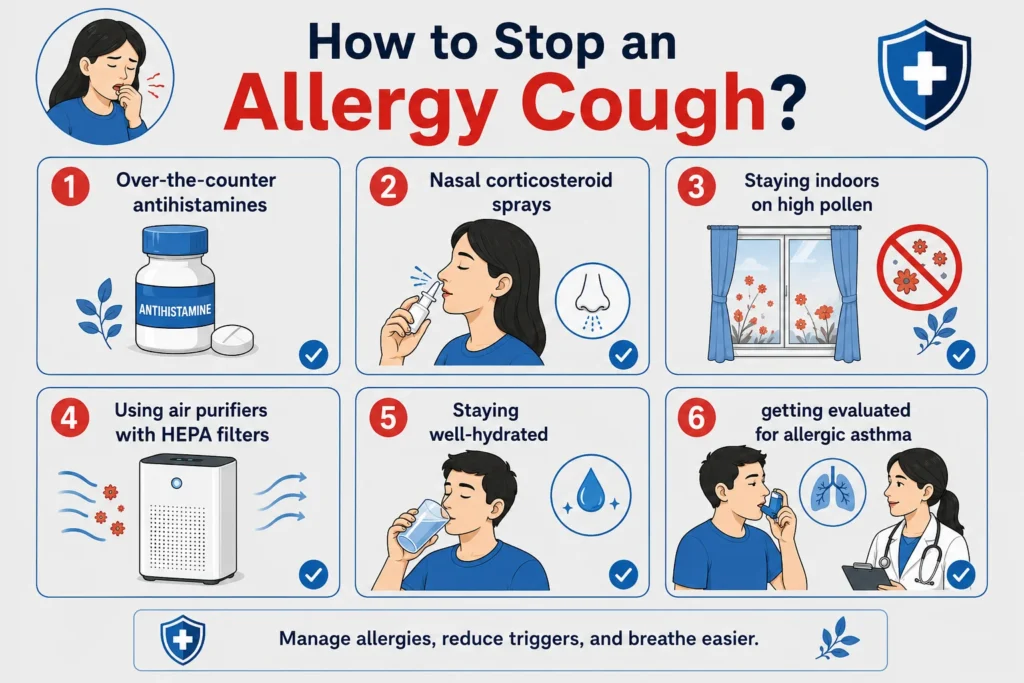 Infographic outlining six steps to stop an allergy cough.
