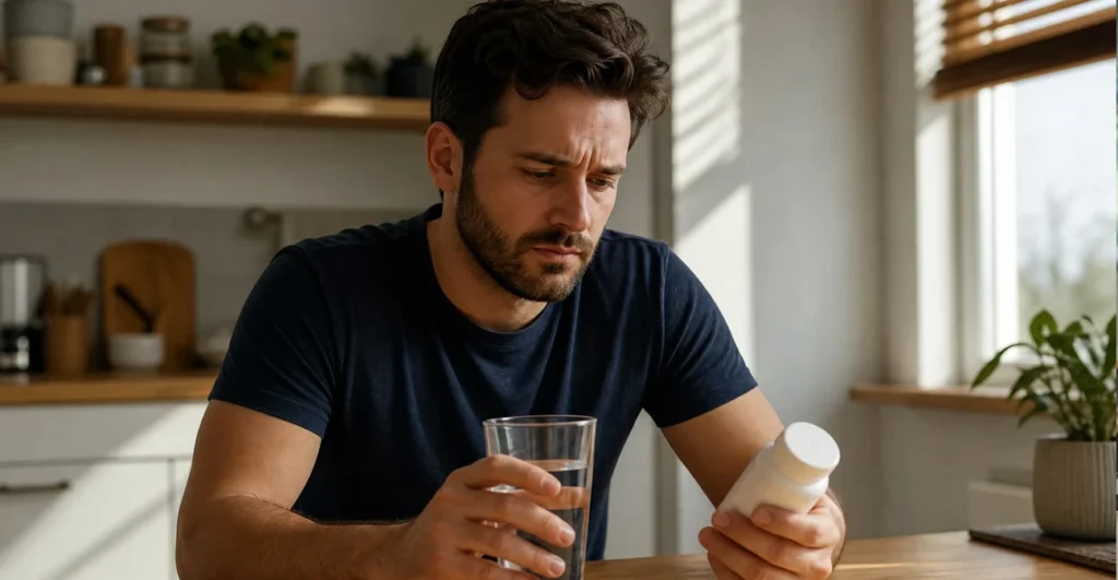 Concerned person reflecting on health while holding a digestive supplement bottle.
