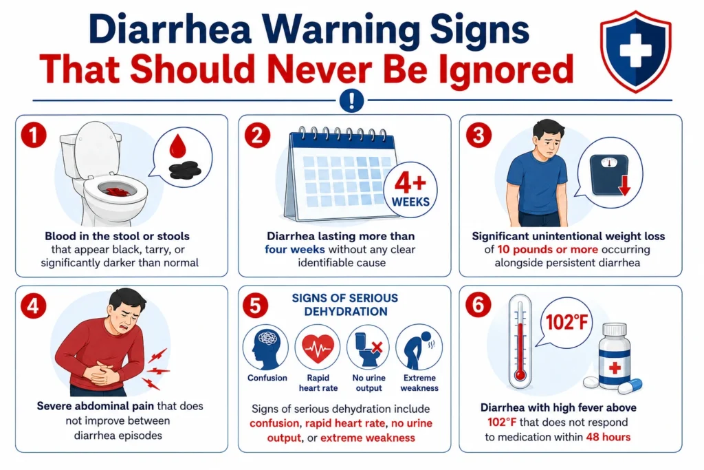 Infographic showing six severe diarrhea warning signs requiring medical attention.