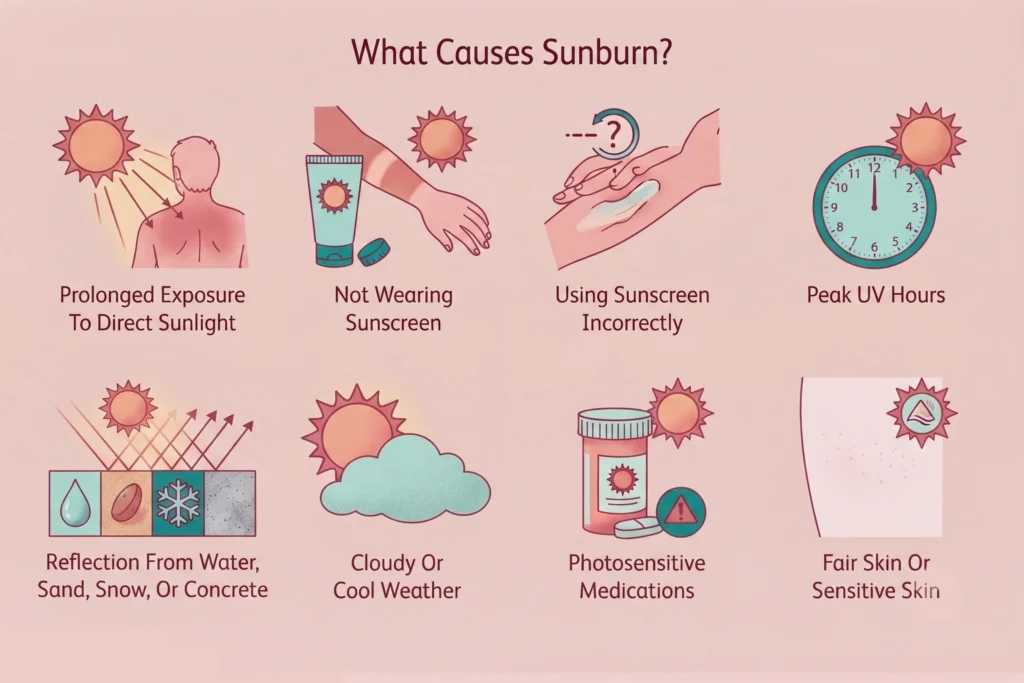 Infographic listing eight common causes of sunburn.