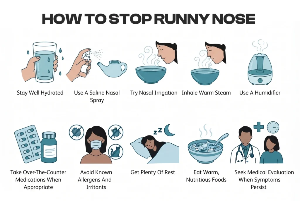 Medical infographic illustrating ten ways to relieve a runny nose.
