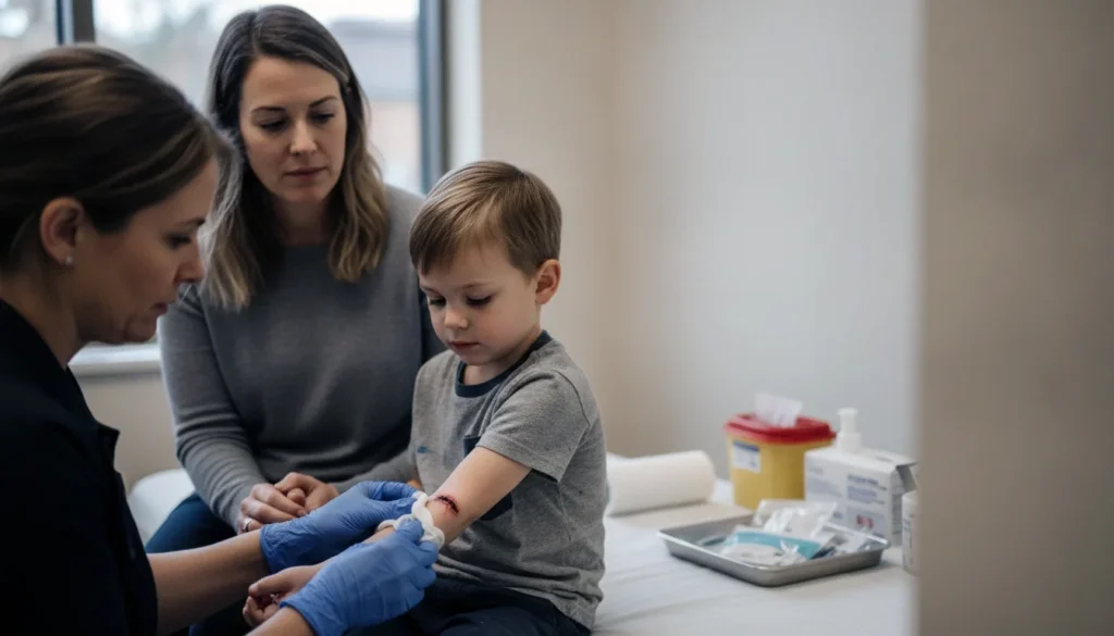 Nurse cleaning and bandaging a child's arm wound in an ER treatment room while parent looks on