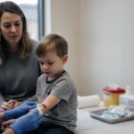 Nurse cleaning and bandaging a child's arm wound in an ER treatment room while parent looks on