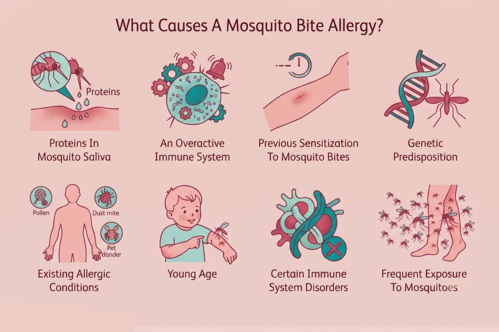 Educational graphic listing eight primary causes of mosquito bite allergies.