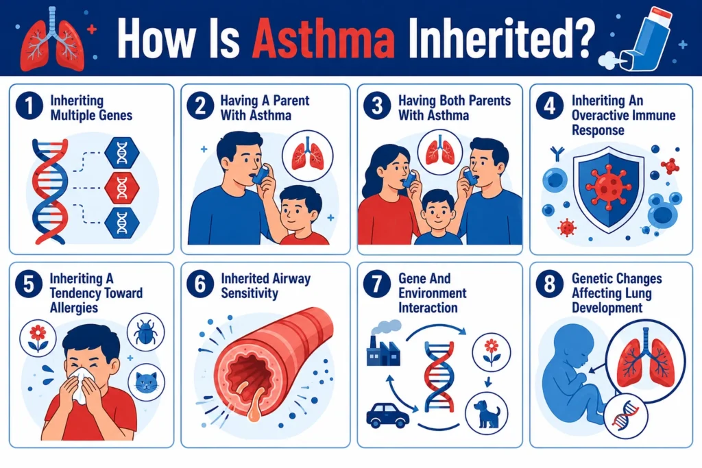 Infographic titled "How Is Asthma Inherited?" showing eight numbered genetic factors with illustrations.