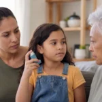 Three generations of a family sitting together, child holding a blue inhaler.