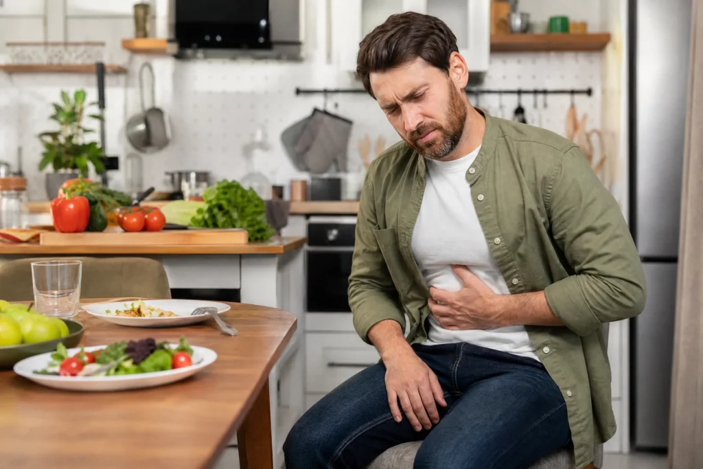 Adult experiencing stomach discomfort in a modern kitchen (Food Poisoning).