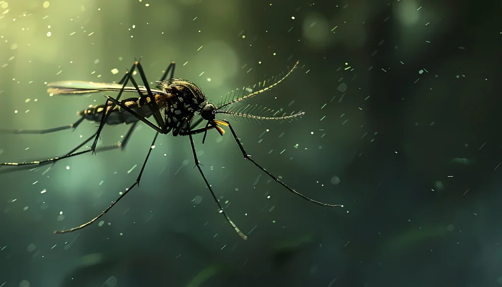 Extreme macro close-up of a mosquito flying in dark lighting.