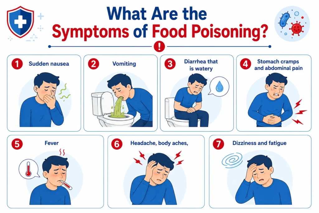 Infographic illustrating seven common symptoms of food poisoning in humans.