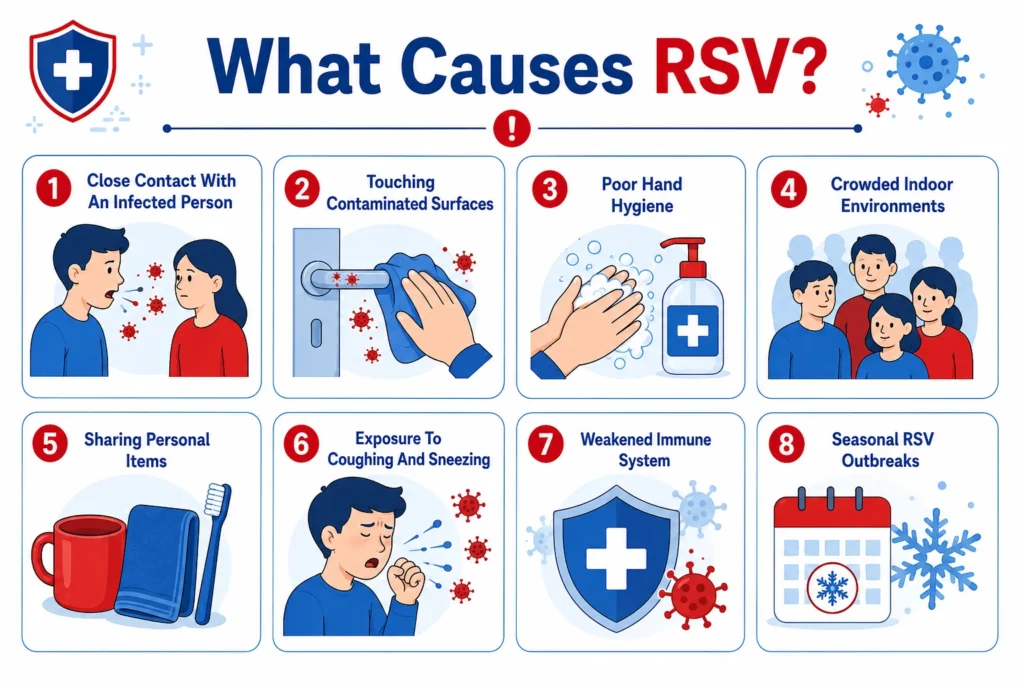 Infographic illustrating eight common causes and risk factors for RSV.