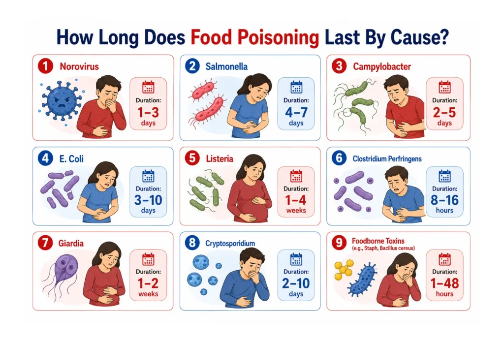 Infographic showing food poisoning duration based on nine different causes.