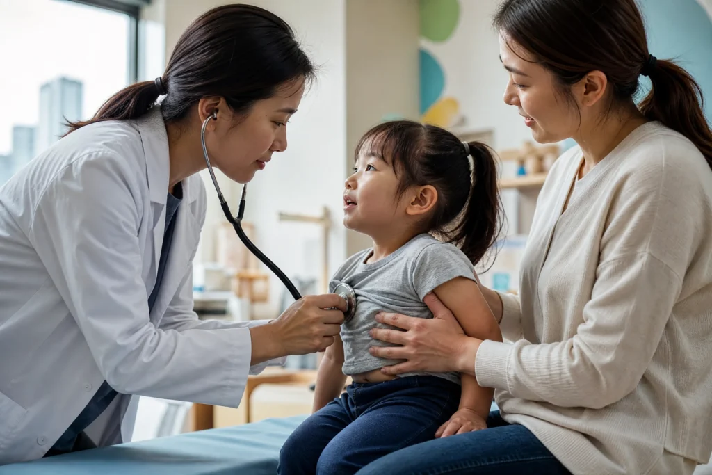 Close-up of a doctor using a stethoscope on a child (RSV focus).