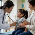 Close-up of a doctor using a stethoscope on a child (RSV focus).