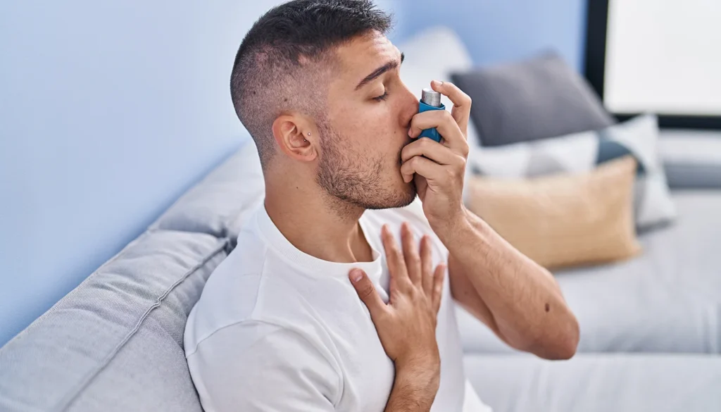 Young man sitting on a sofa using a blue inhaler while holding his hand over his chest.