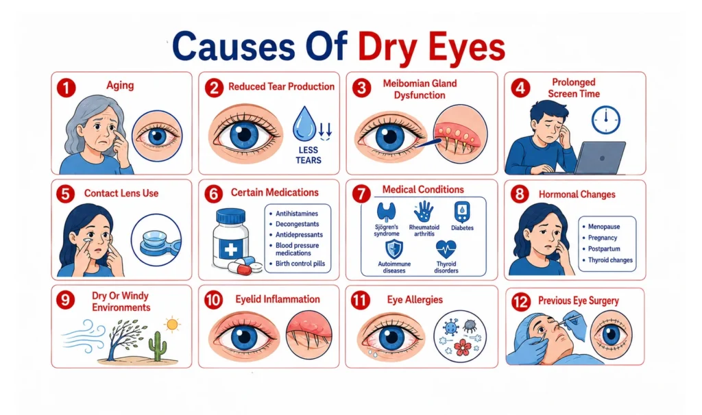 Infographic titled "Causes Of Dry Eyes" illustrating 13 different factors.