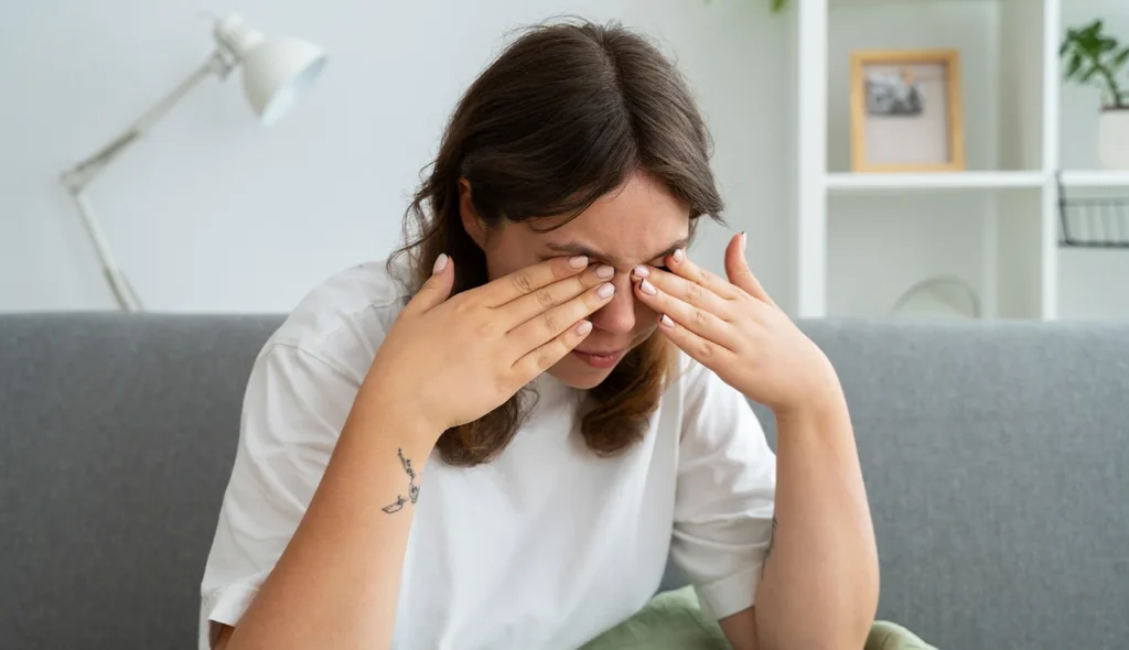 Woman sitting on a grey couch covering her eyes in discomfort due to dry eye irritation.