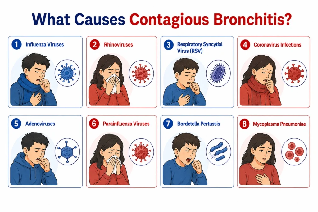 Medical infographic displaying eight different causes of contagious bronchitis.