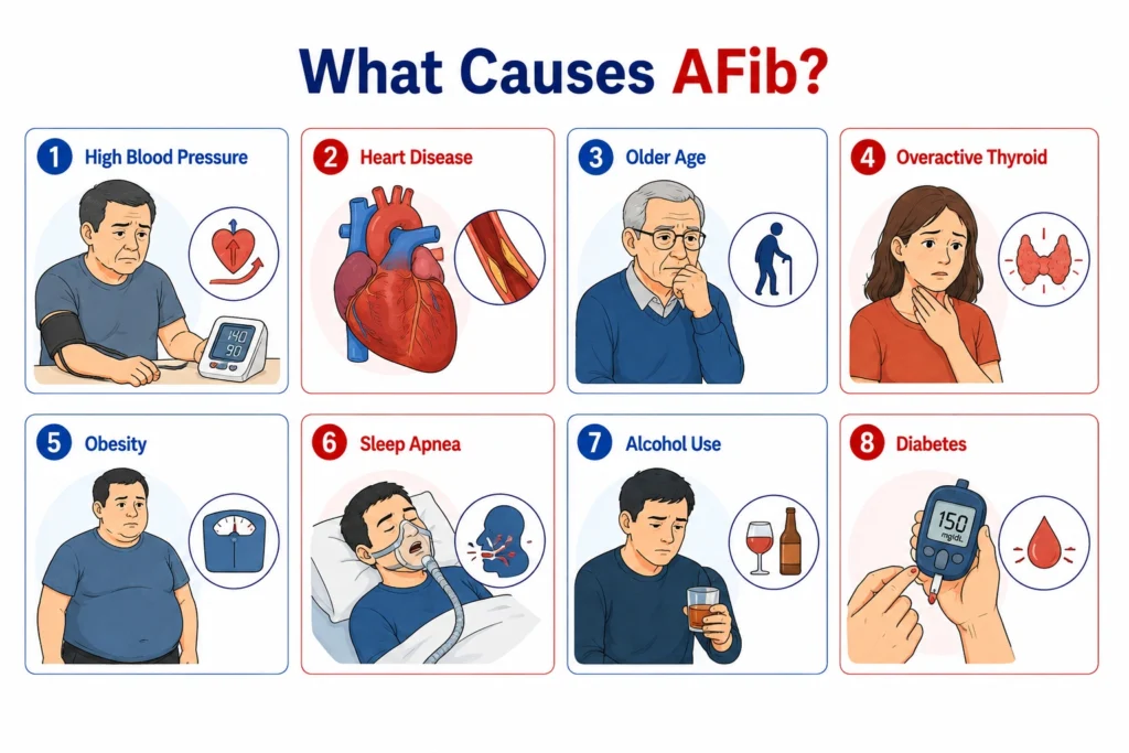 Educational medical chart detailing eight main causes of AFib.