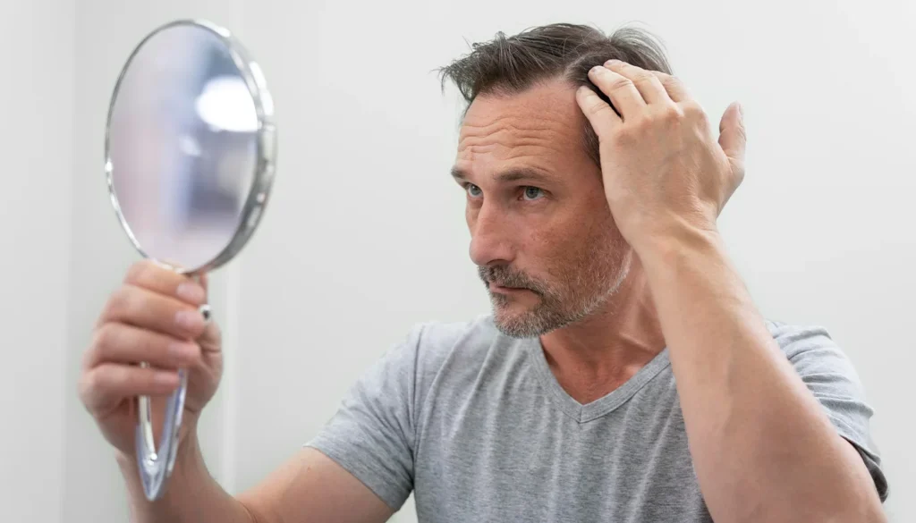 Middle-aged man examining his receding hairline in a mirror.