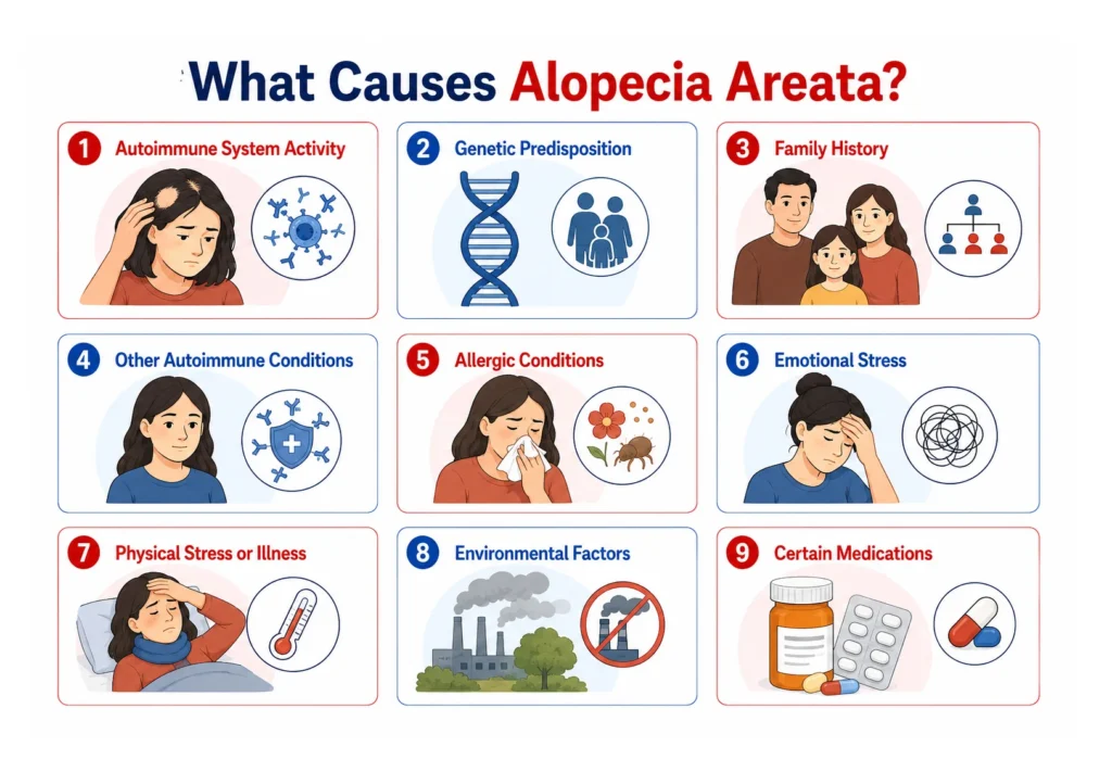 nfographic illustrating nine potential causes for the alopecia areata condition