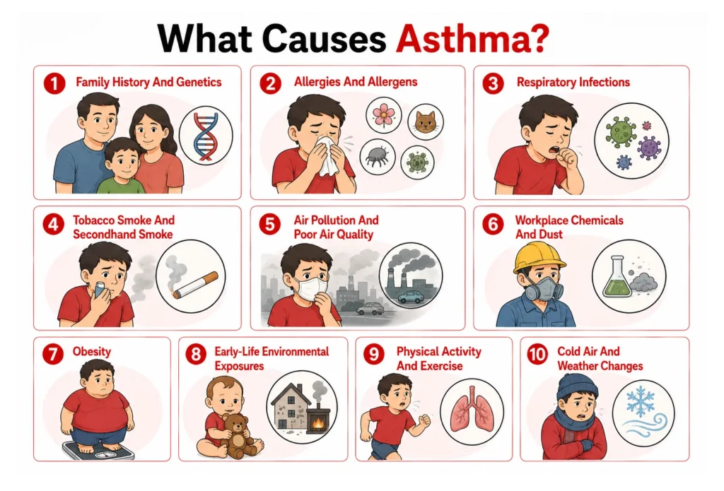 Infographic titled "What Causes Asthma?" detailing 10 main triggers including genetics, allergies, pollution, and weather changes.
