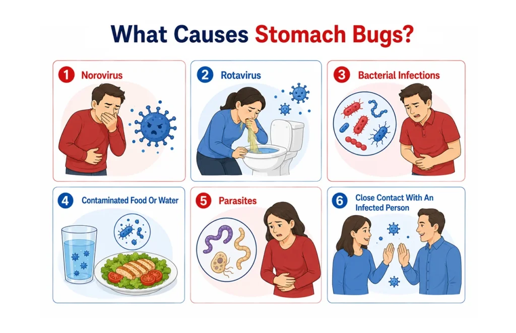 Medical infographic detailing six common causes of stomach bug infections.