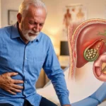 An older man holding his stomach in pain alongside a medical diagram showing gallstones in the gallbladder.