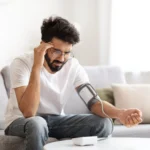 A man holding his head in distress while checking his blood pressure with an arm cuff.